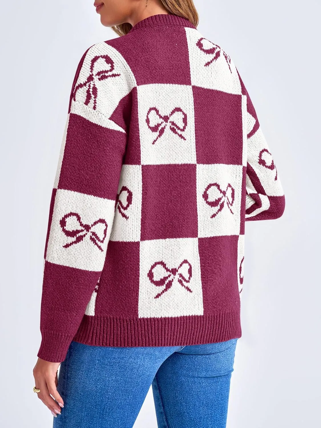 Saodimallsu Womens Checkered Sweater Bow Color Block Plaid Cardigan Long Sleeve Button Open Front Knit Coat