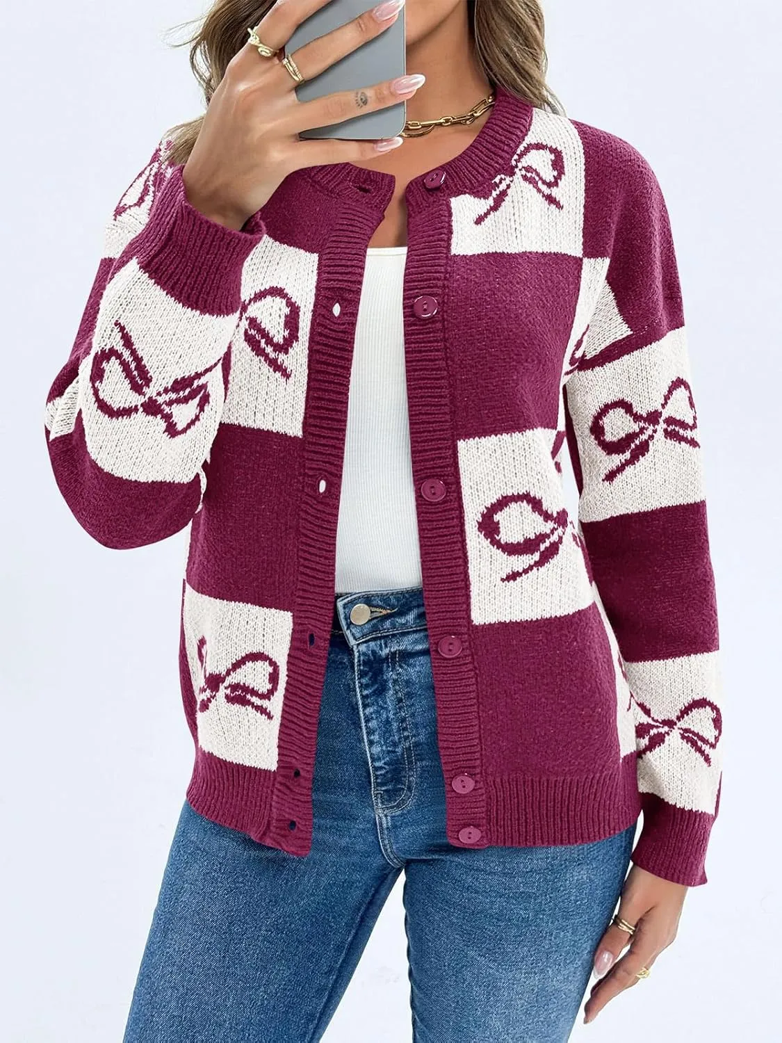 Saodimallsu Womens Checkered Sweater Bow Color Block Plaid Cardigan Long Sleeve Button Open Front Knit Coat