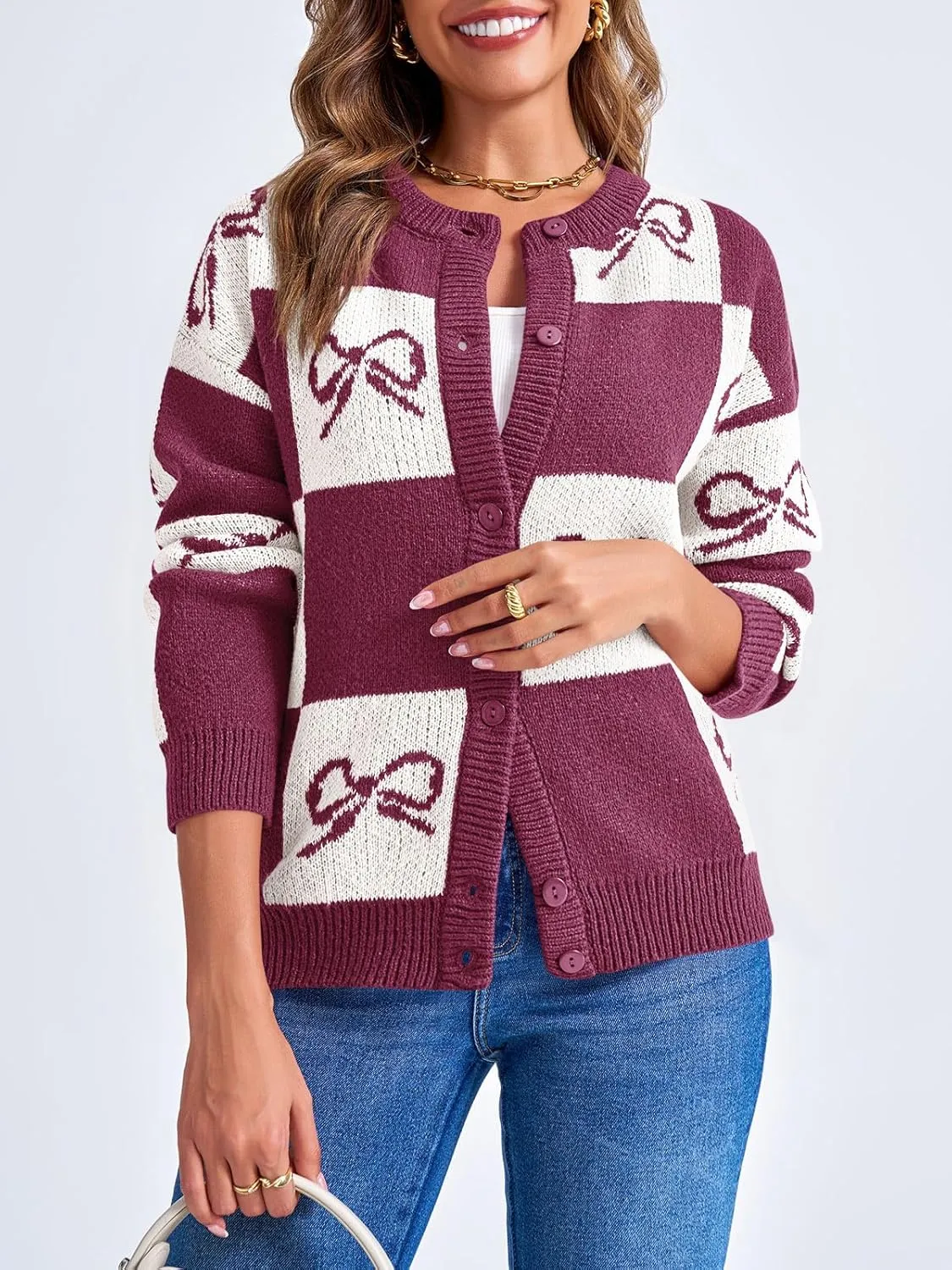 Saodimallsu Womens Checkered Sweater Bow Color Block Plaid Cardigan Long Sleeve Button Open Front Knit Coat