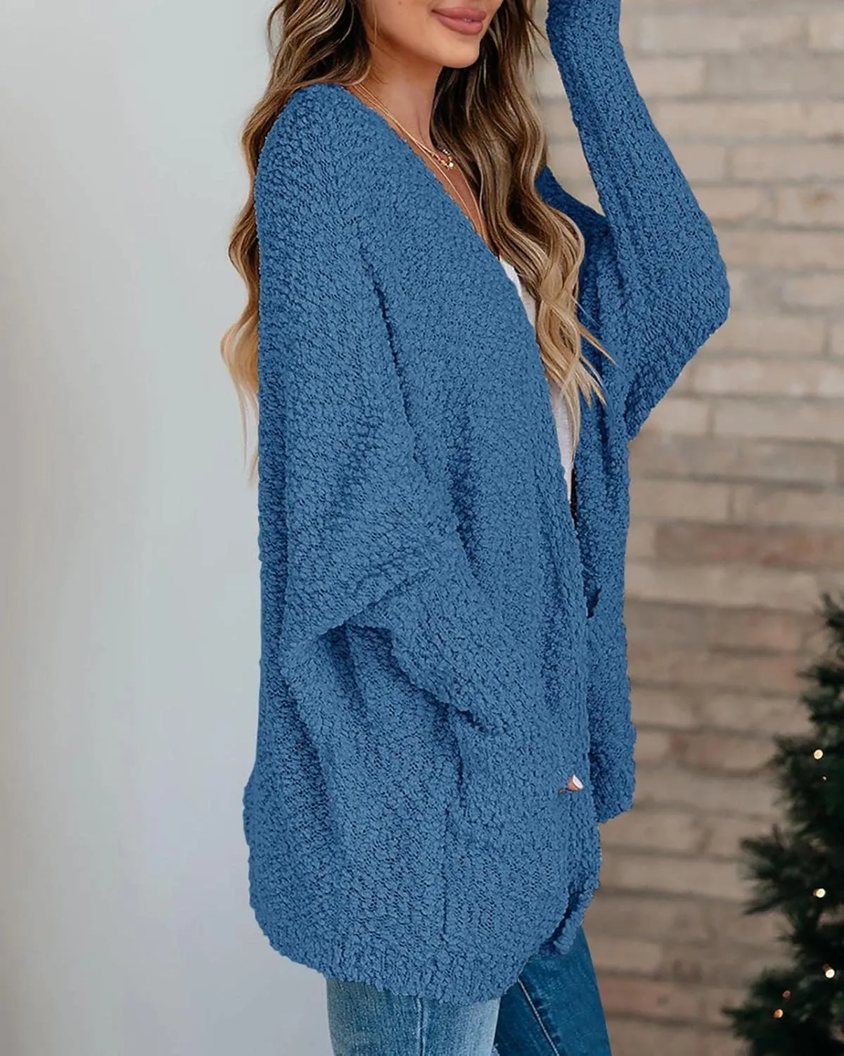 Saodimallsu Women's Chunky Popcorn Cardigan Oversized Open Front Boyfriend Batwing Long Sleeve Fuzzy Knit Sweaters