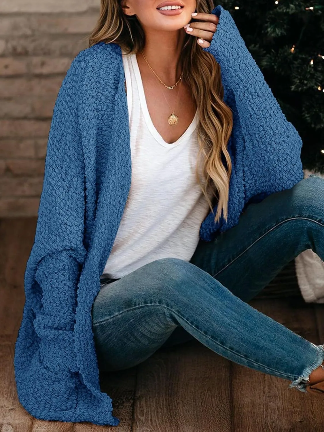Saodimallsu Women's Chunky Popcorn Cardigan Oversized Open Front Boyfriend Batwing Long Sleeve Fuzzy Knit Sweaters