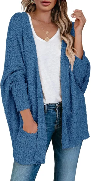 Saodimallsu Women's Chunky Popcorn Cardigan Oversized Open Front Boyfriend Batwing Long Sleeve Fuzzy Knit Sweaters