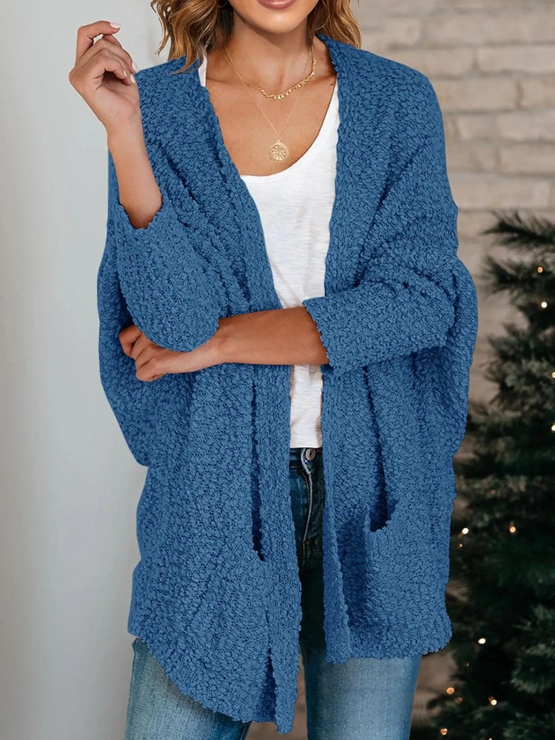 Saodimallsu Women's Chunky Popcorn Cardigan Oversized Open Front Boyfriend Batwing Long Sleeve Fuzzy Knit Sweaters