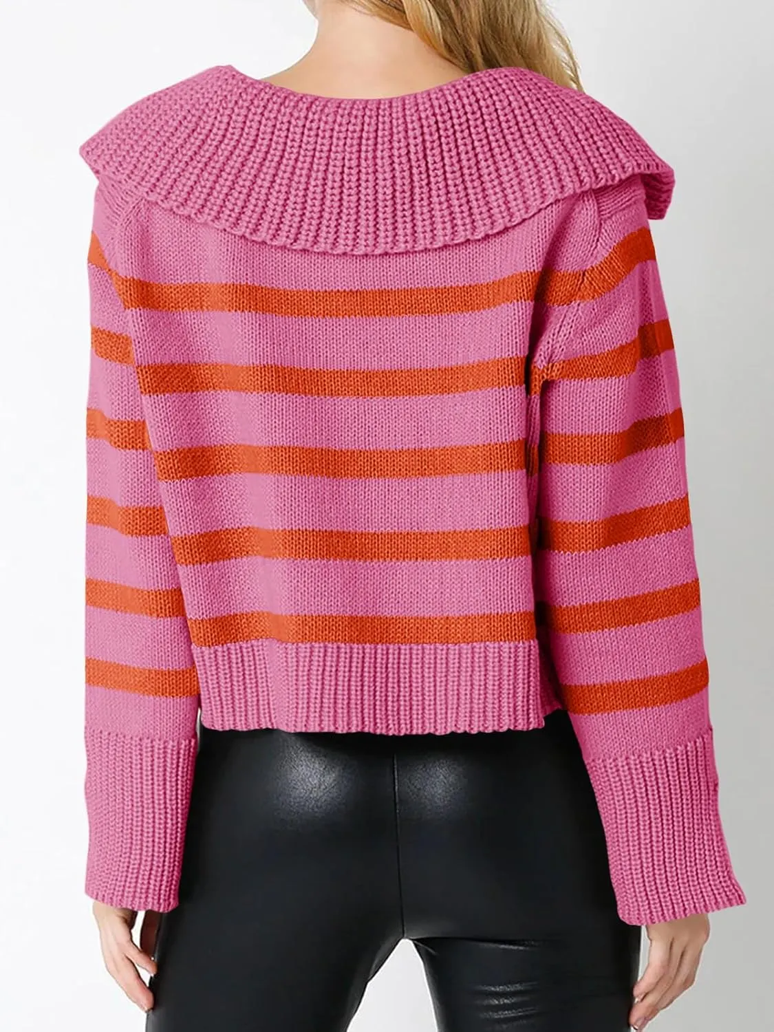 Saodimallsu Womens Striped Sweater V Neck Collared Fall Trendy Knitted Long Sleeve Loose Pullover Sweaters
