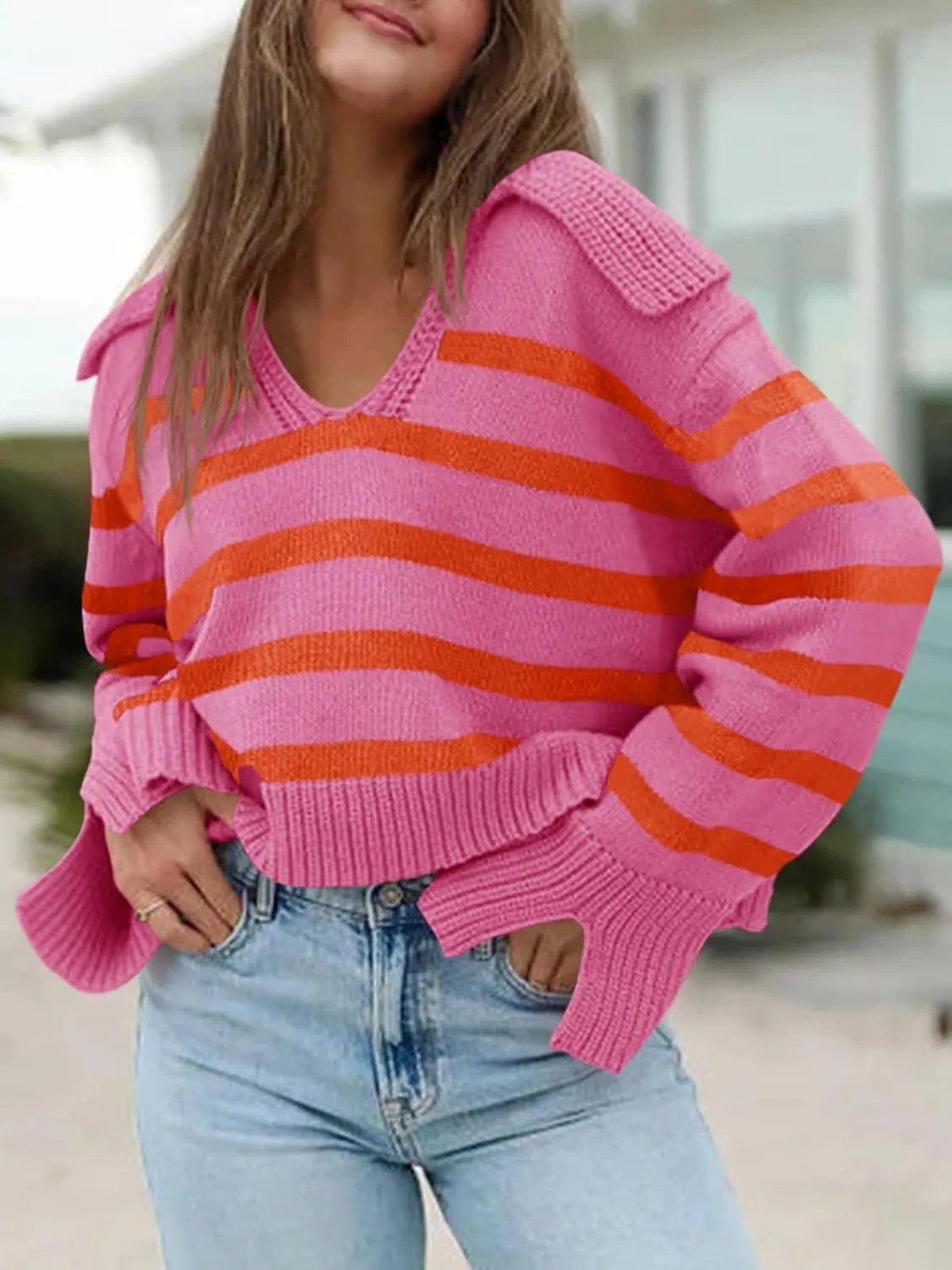 Saodimallsu Womens Striped Sweater V Neck Collared Fall Trendy Knitted Long Sleeve Loose Pullover Sweaters