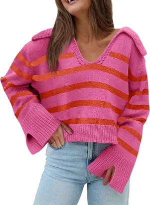 Saodimallsu Womens Striped Sweater V Neck Collared Fall Trendy Knitted Long Sleeve Loose Pullover Sweaters