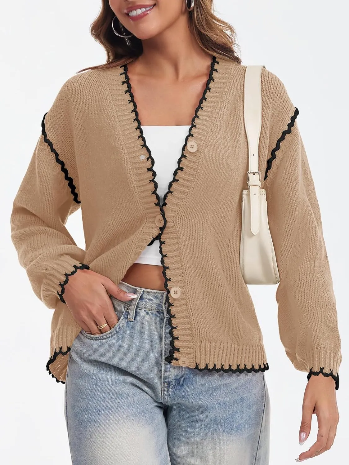 Saodimallsu Womens V Neck Cardigan Sweaters Button Down Long Sleeve Loose Knit Open Front Coats