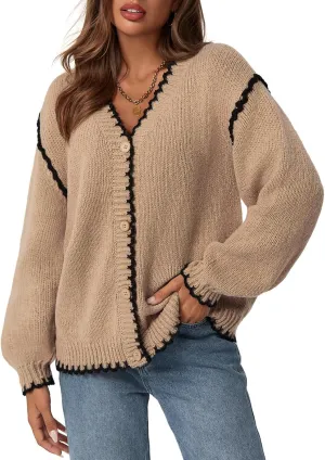 Saodimallsu Womens V Neck Cardigan Sweaters Button Down Long Sleeve Loose Knit Open Front Coats