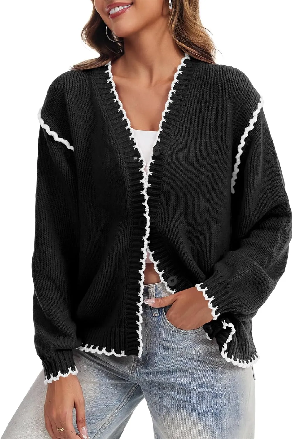 Saodimallsu Womens V Neck Cardigan Sweaters Button Down Long Sleeve Loose Knit Open Front Coats