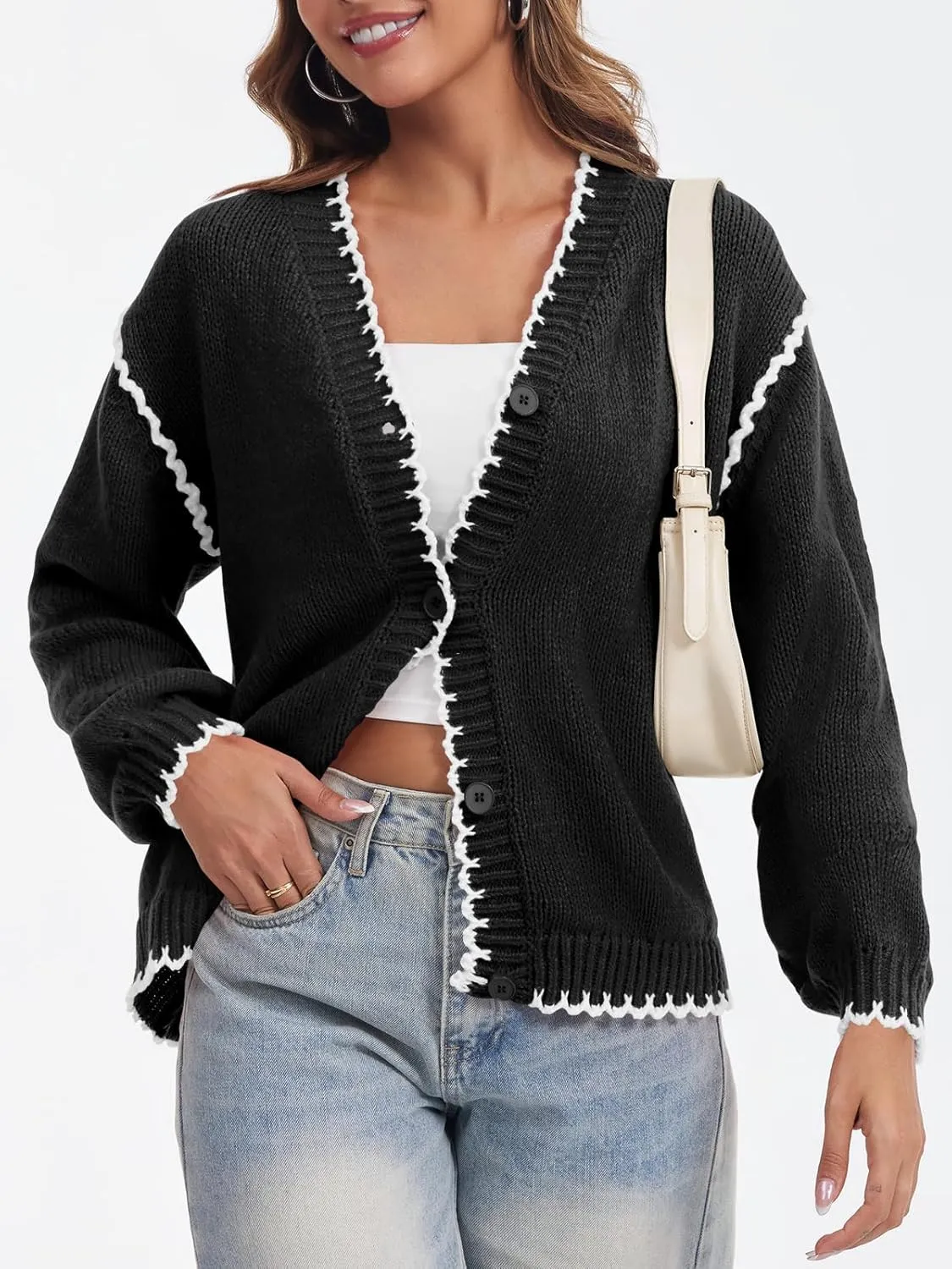 Saodimallsu Womens V Neck Cardigan Sweaters Button Down Long Sleeve Loose Knit Open Front Coats