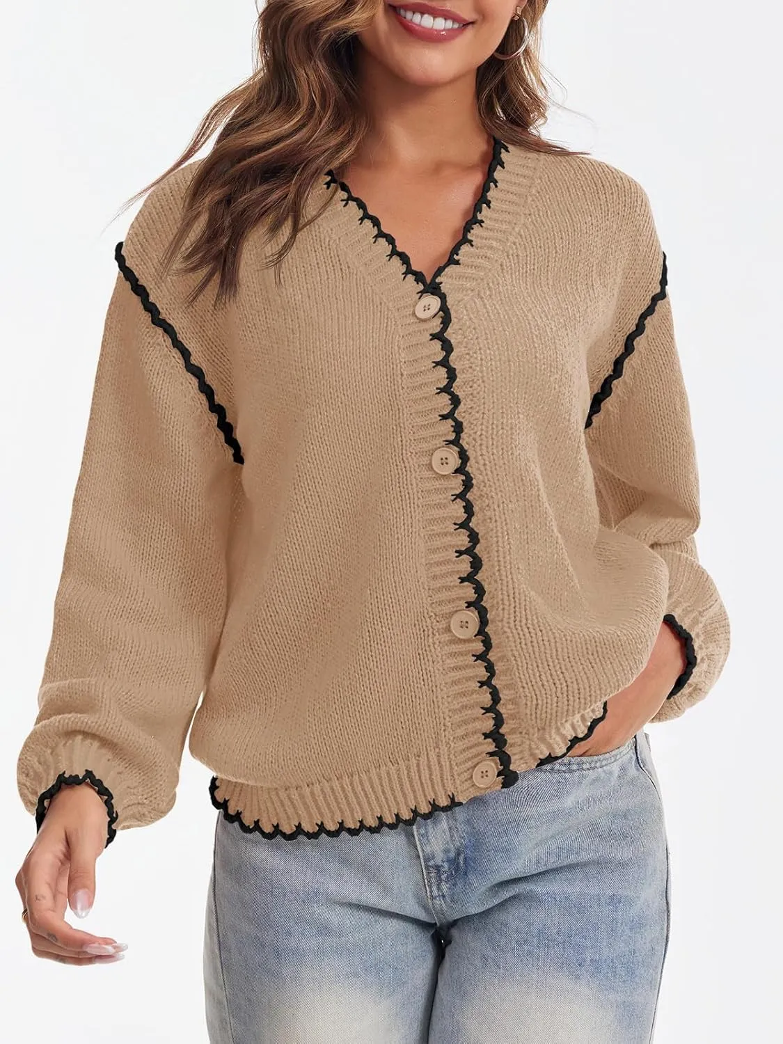 Saodimallsu Womens V Neck Cardigan Sweaters Button Down Long Sleeve Loose Knit Open Front Coats
