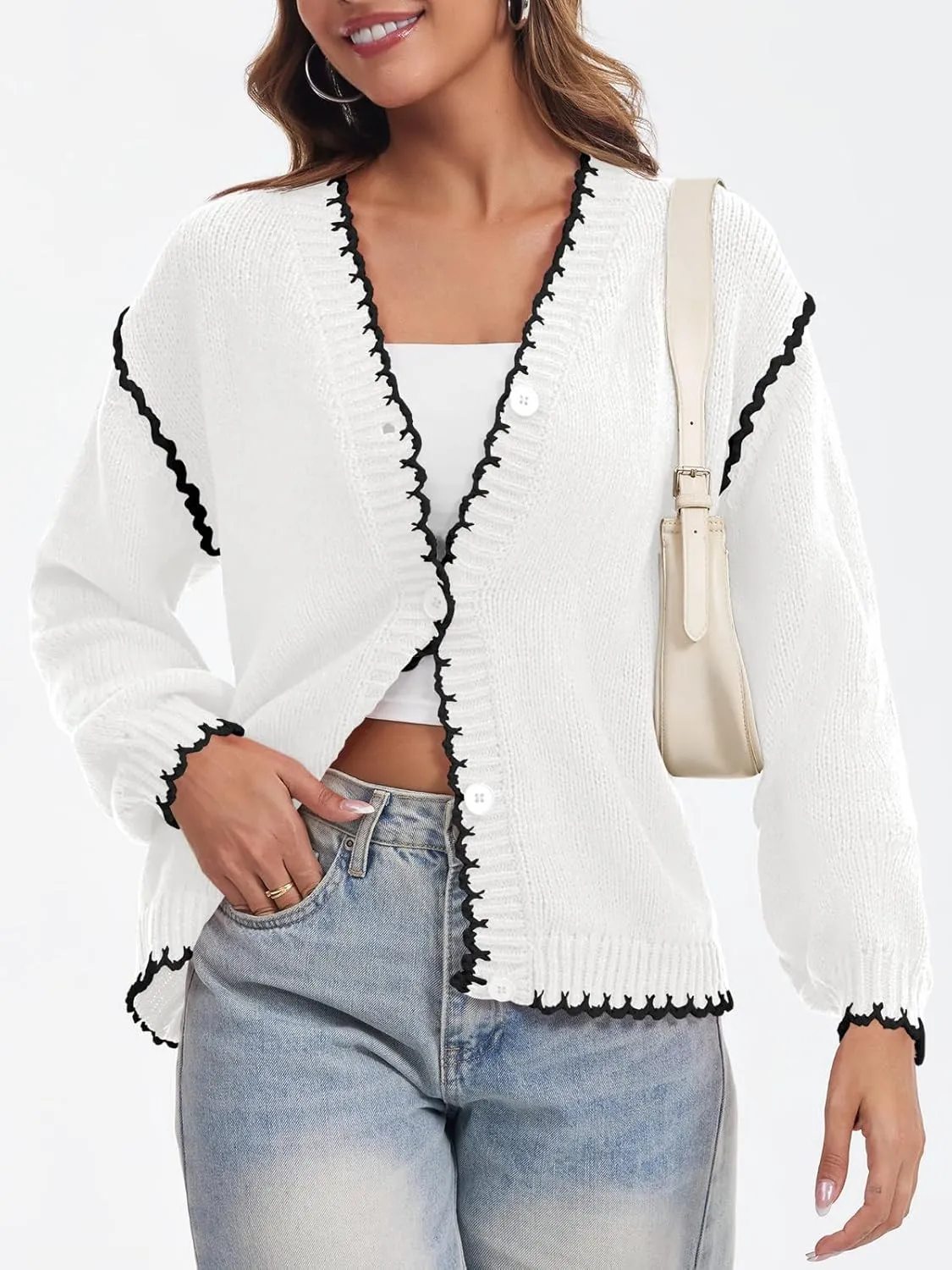 Saodimallsu Womens V Neck Cardigan Sweaters Button Down Long Sleeve Loose Knit Open Front Coats