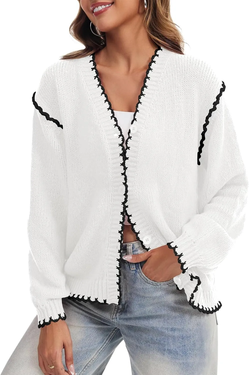 Saodimallsu Womens V Neck Cardigan Sweaters Button Down Long Sleeve Loose Knit Open Front Coats