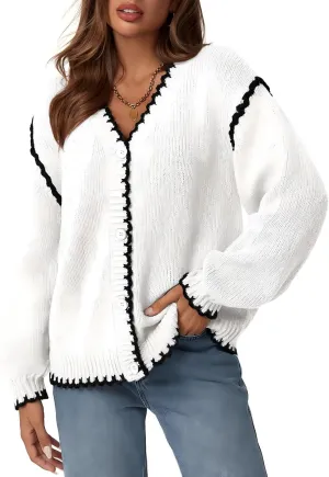 Saodimallsu Womens V Neck Cardigan Sweaters Button Down Long Sleeve Loose Knit Open Front Coats