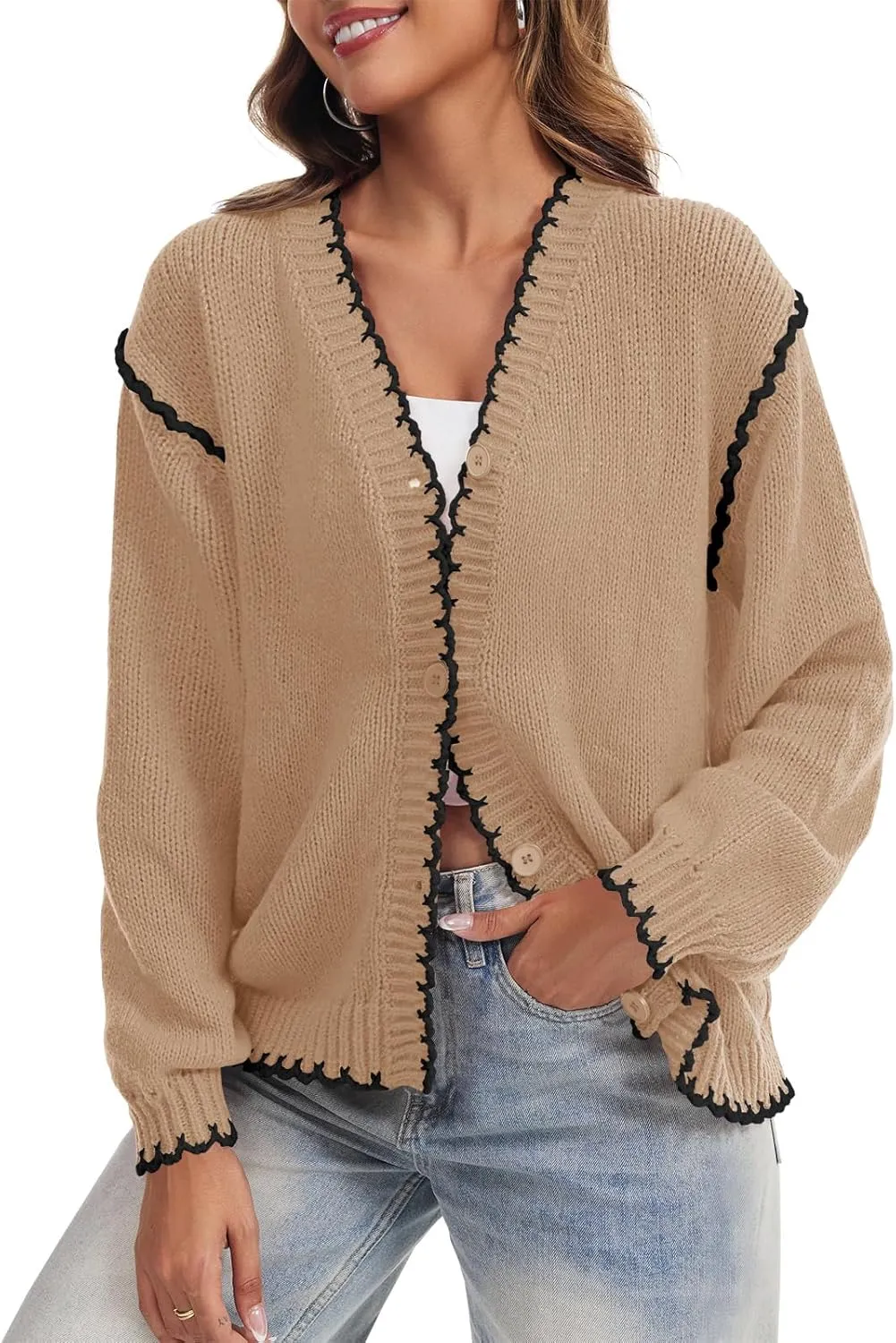 Saodimallsu Womens V Neck Cardigan Sweaters Button Down Long Sleeve Loose Knit Open Front Coats