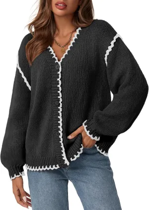 Saodimallsu Womens V Neck Cardigan Sweaters Button Down Long Sleeve Loose Knit Open Front Coats