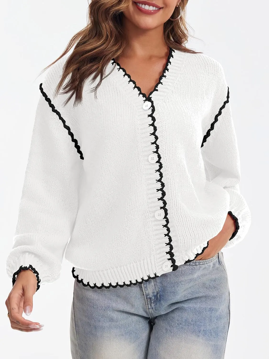 Saodimallsu Womens V Neck Cardigan Sweaters Button Down Long Sleeve Loose Knit Open Front Coats