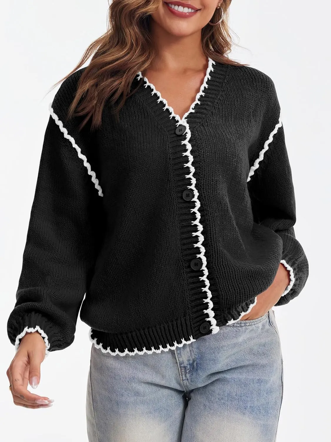 Saodimallsu Womens V Neck Cardigan Sweaters Button Down Long Sleeve Loose Knit Open Front Coats