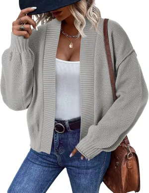 Saodimallsu Womens Waffle Knit Cardigan Puff Long Sleeve Oversized Casual Short Open Front Sweater