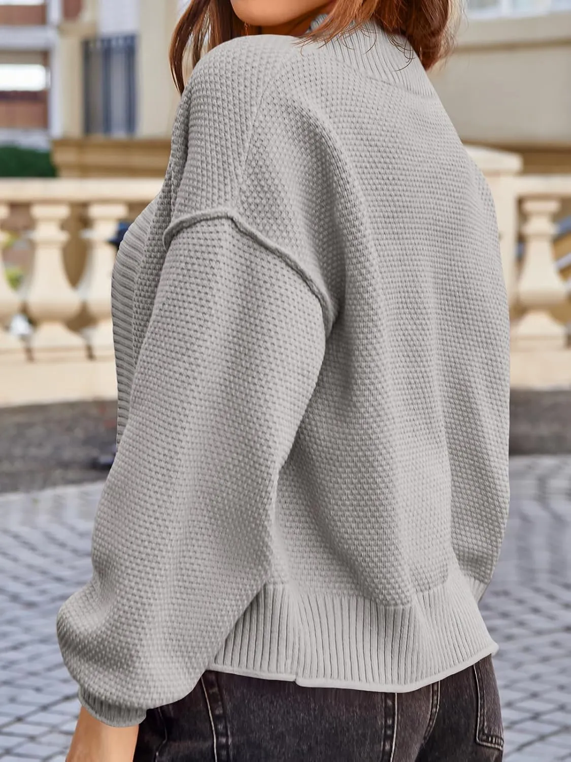 Saodimallsu Womens Waffle Knit Cardigan Puff Long Sleeve Oversized Casual Short Open Front Sweater