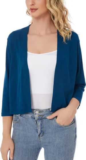 Satuun Women's 3/4 Sleeve Shrugs Lightweight Open Front Cropped Cardigan Tops