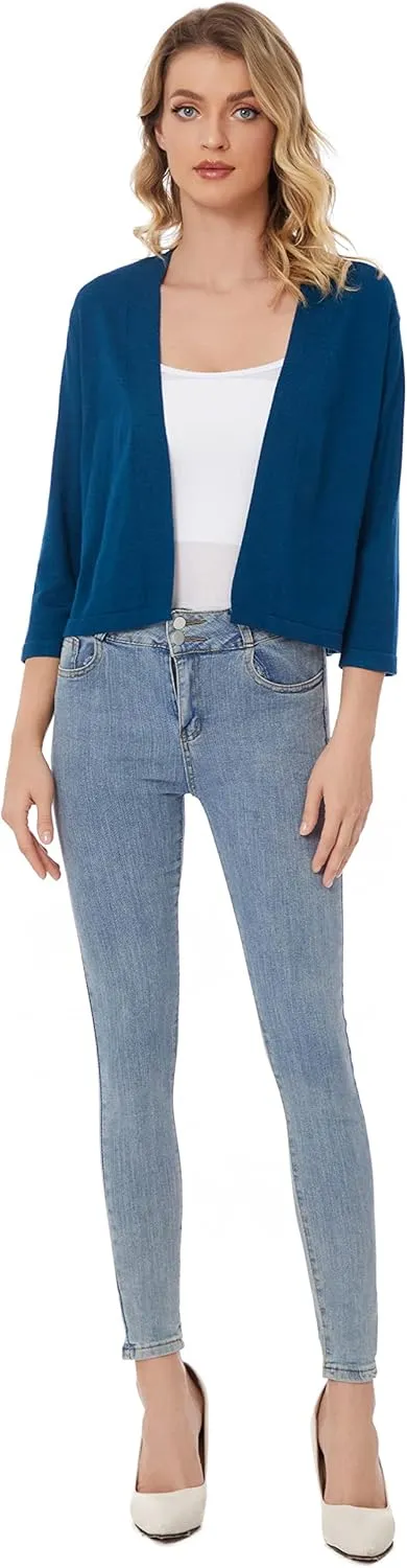 Satuun Women's 3/4 Sleeve Shrugs Lightweight Open Front Cropped Cardigan Tops