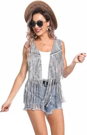Sequin Fringe Vest - Sparkly Tassels Jacket Rivet Sleeveless Open Front Tops Glitter Party Cowgirl Concert Outfits