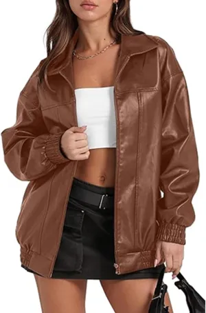 Sexyshine Women's Oversized Faux Leather Jacket Lapel Collar Zip Up Long Sleeve PU Leather Coat Motorcycle Bomber Overcoat