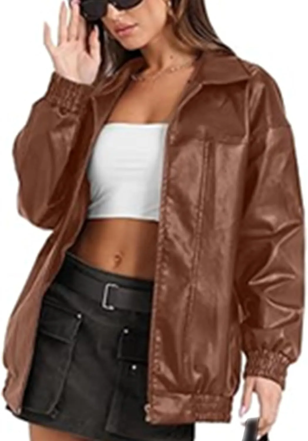 Sexyshine Women's Oversized Faux Leather Jacket Lapel Collar Zip Up Long Sleeve PU Leather Coat Motorcycle Bomber Overcoat
