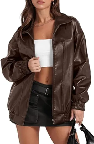 Sexyshine Women's Oversized Faux Leather Jacket Lapel Collar Zip Up Long Sleeve PU Leather Coat Motorcycle Bomber Overcoat