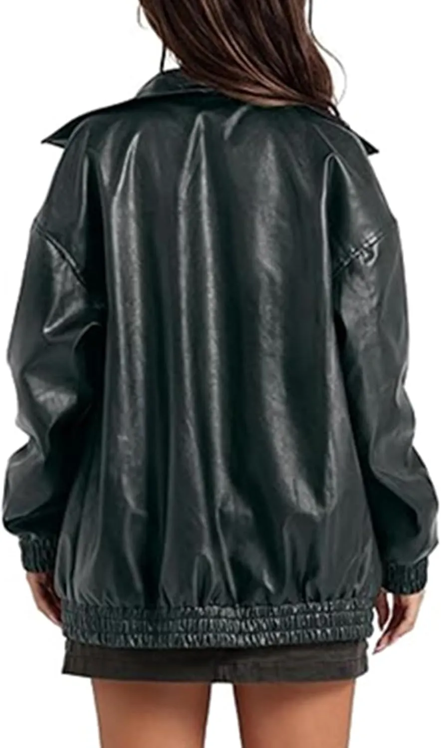 Sexyshine Women's Oversized Faux Leather Jacket Lapel Collar Zip Up Long Sleeve PU Leather Coat Motorcycle Bomber Overcoat