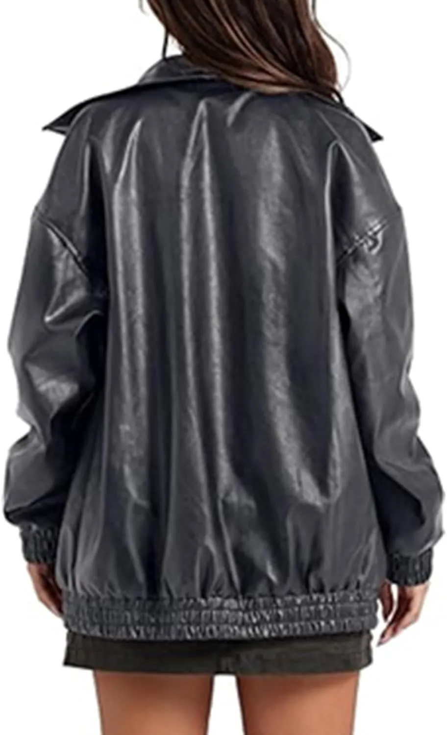 Sexyshine Women's Oversized Faux Leather Jacket Lapel Collar Zip Up Long Sleeve PU Leather Coat Motorcycle Bomber Overcoat