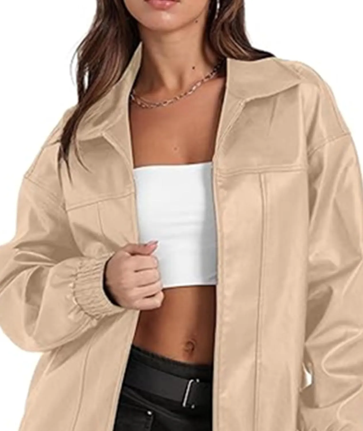 Sexyshine Women's Oversized Faux Leather Jacket Lapel Collar Zip Up Long Sleeve PU Leather Coat Motorcycle Bomber Overcoat
