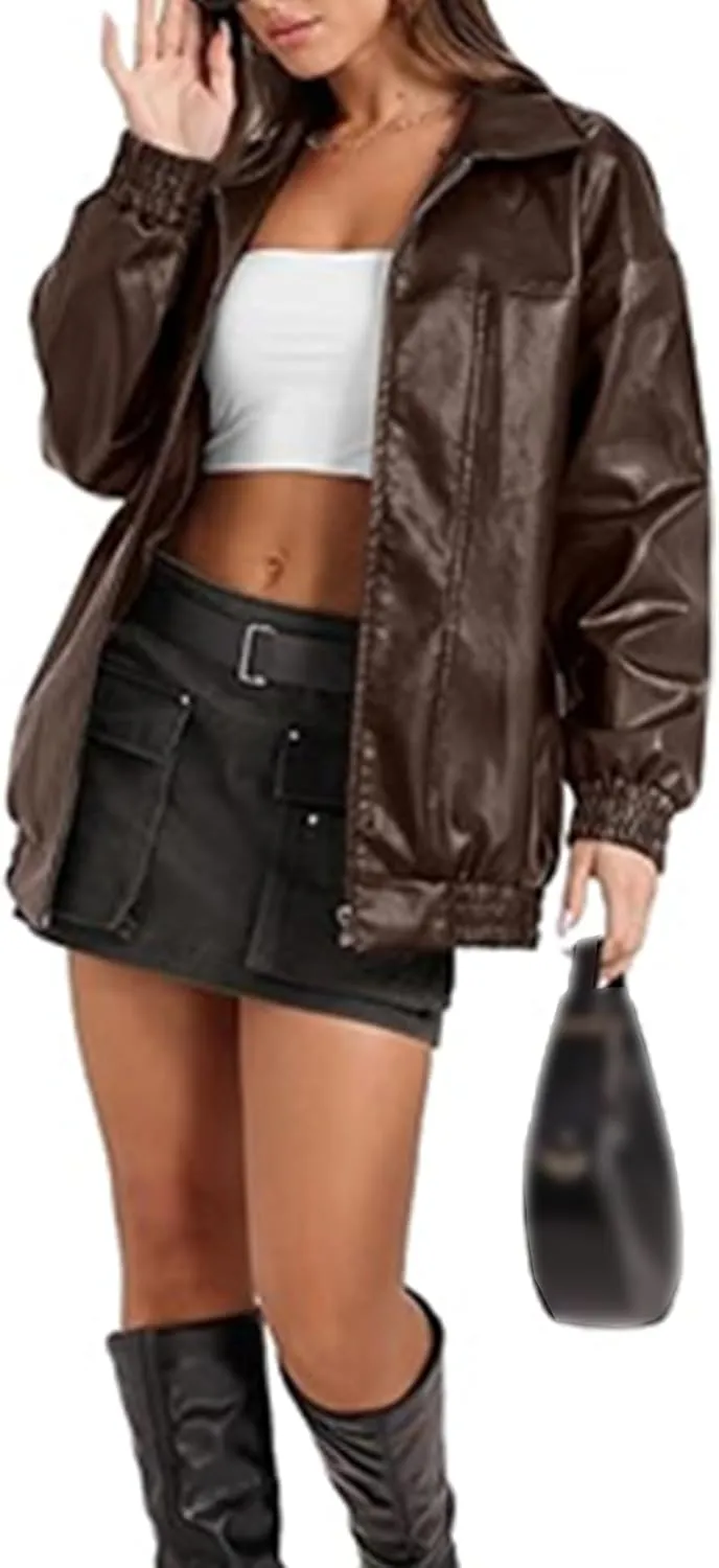 Sexyshine Women's Oversized Faux Leather Jacket Lapel Collar Zip Up Long Sleeve PU Leather Coat Motorcycle Bomber Overcoat