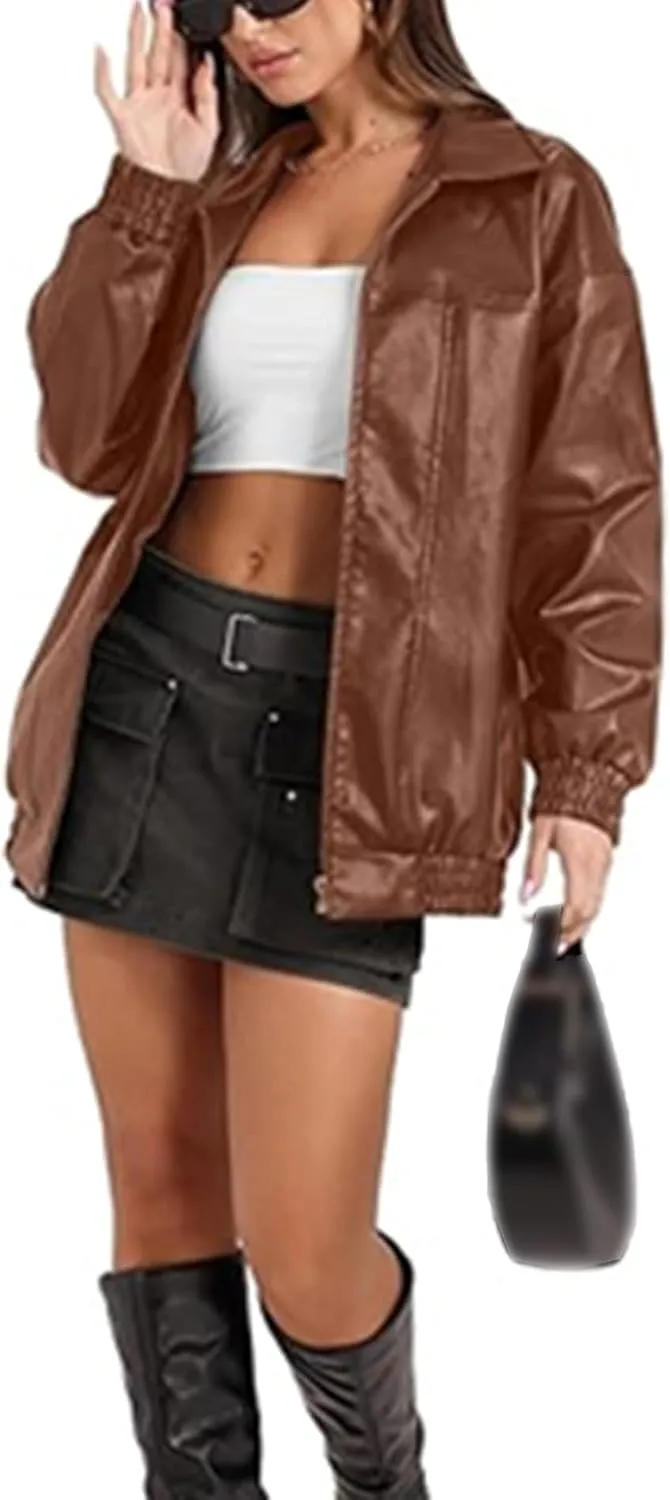 Sexyshine Women's Oversized Faux Leather Jacket Lapel Collar Zip Up Long Sleeve PU Leather Coat Motorcycle Bomber Overcoat