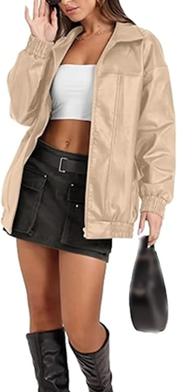 Sexyshine Women's Oversized Faux Leather Jacket Lapel Collar Zip Up Long Sleeve PU Leather Coat Motorcycle Bomber Overcoat
