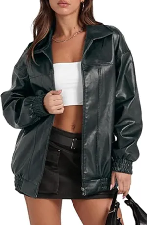 Sexyshine Women's Oversized Faux Leather Jacket Lapel Collar Zip Up Long Sleeve PU Leather Coat Motorcycle Bomber Overcoat