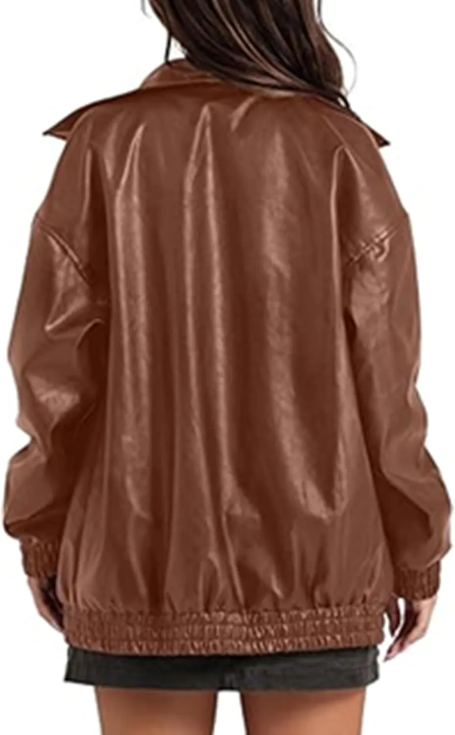 Sexyshine Women's Oversized Faux Leather Jacket Lapel Collar Zip Up Long Sleeve PU Leather Coat Motorcycle Bomber Overcoat