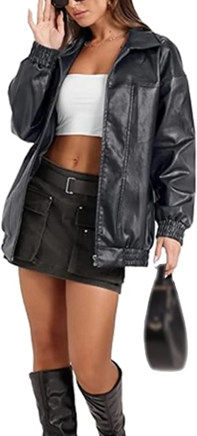Sexyshine Women's Oversized Faux Leather Jacket Lapel Collar Zip Up Long Sleeve PU Leather Coat Motorcycle Bomber Overcoat
