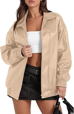 Sexyshine Women's Oversized Faux Leather Jacket Lapel Collar Zip Up Long Sleeve PU Leather Coat Motorcycle Bomber Overcoat