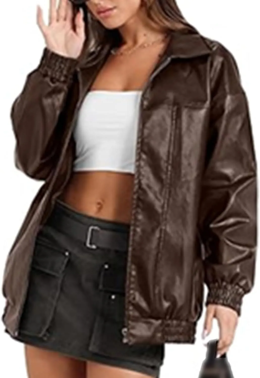 Sexyshine Women's Oversized Faux Leather Jacket Lapel Collar Zip Up Long Sleeve PU Leather Coat Motorcycle Bomber Overcoat