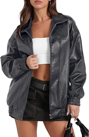 Sexyshine Women's Oversized Faux Leather Jacket Lapel Collar Zip Up Long Sleeve PU Leather Coat Motorcycle Bomber Overcoat