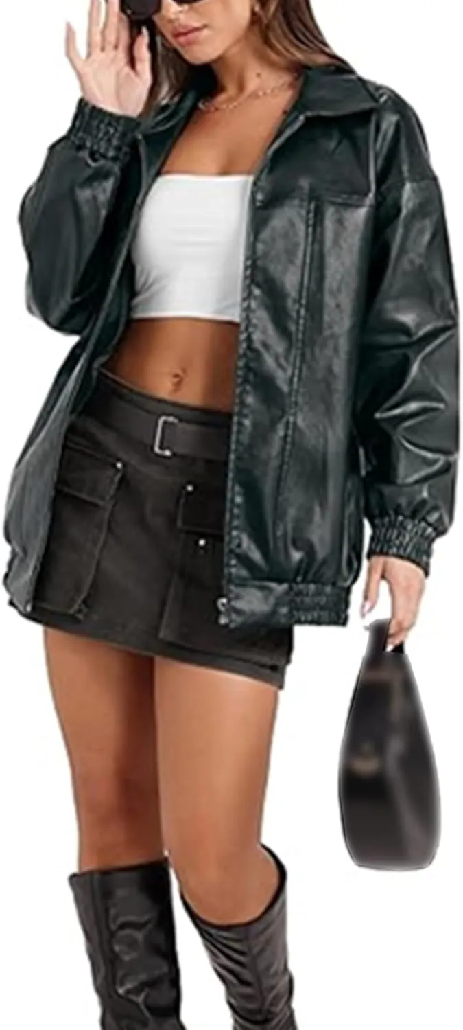 Sexyshine Women's Oversized Faux Leather Jacket Lapel Collar Zip Up Long Sleeve PU Leather Coat Motorcycle Bomber Overcoat
