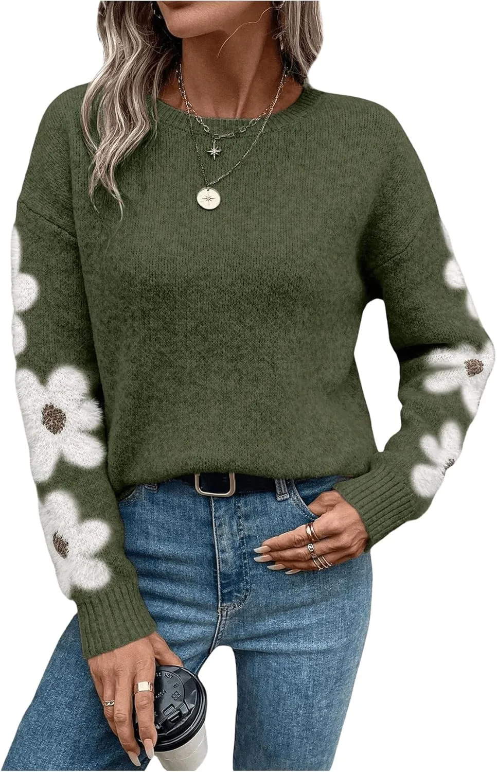 SHENHE Women's Floral Pattern Crewneck Long Sleeve Drop Shoulder Sweaters Pullover Tops