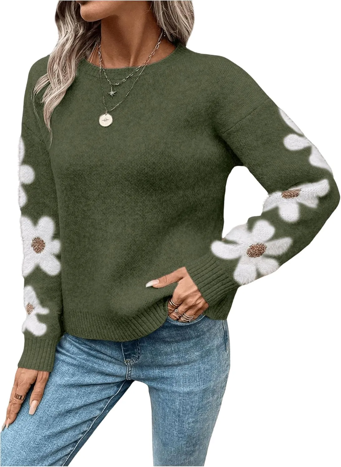 SHENHE Women's Floral Pattern Crewneck Long Sleeve Drop Shoulder Sweaters Pullover Tops