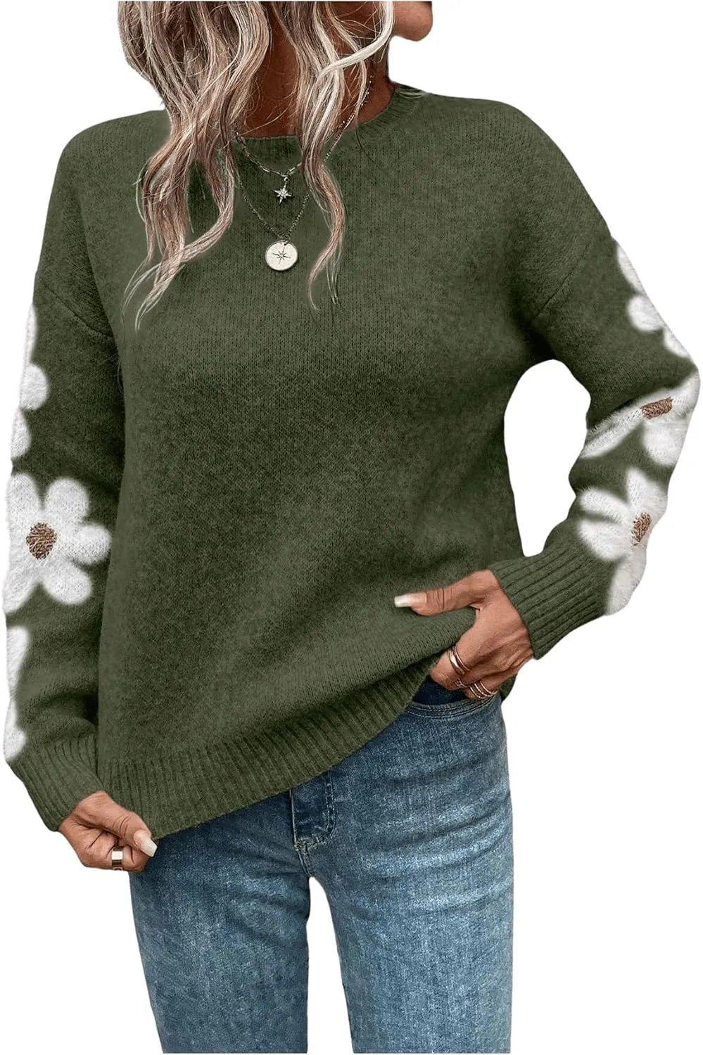 SHENHE Women's Floral Pattern Crewneck Long Sleeve Drop Shoulder Sweaters Pullover Tops