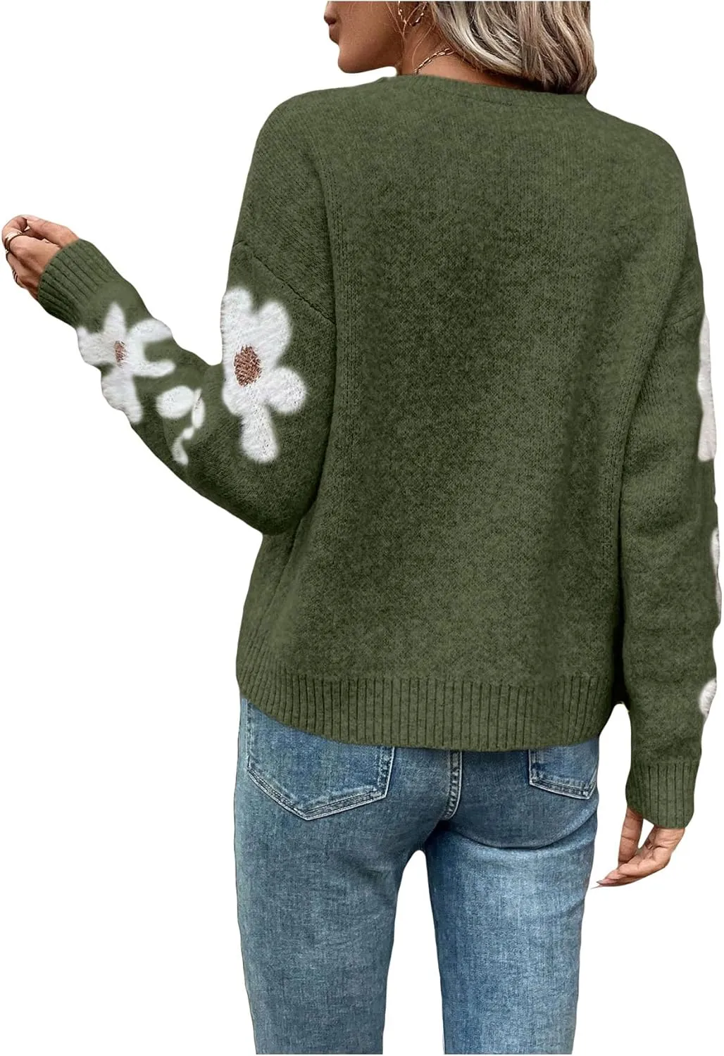 SHENHE Women's Floral Pattern Crewneck Long Sleeve Drop Shoulder Sweaters Pullover Tops