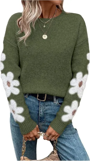 SHENHE Women's Floral Pattern Crewneck Long Sleeve Drop Shoulder Sweaters Pullover Tops