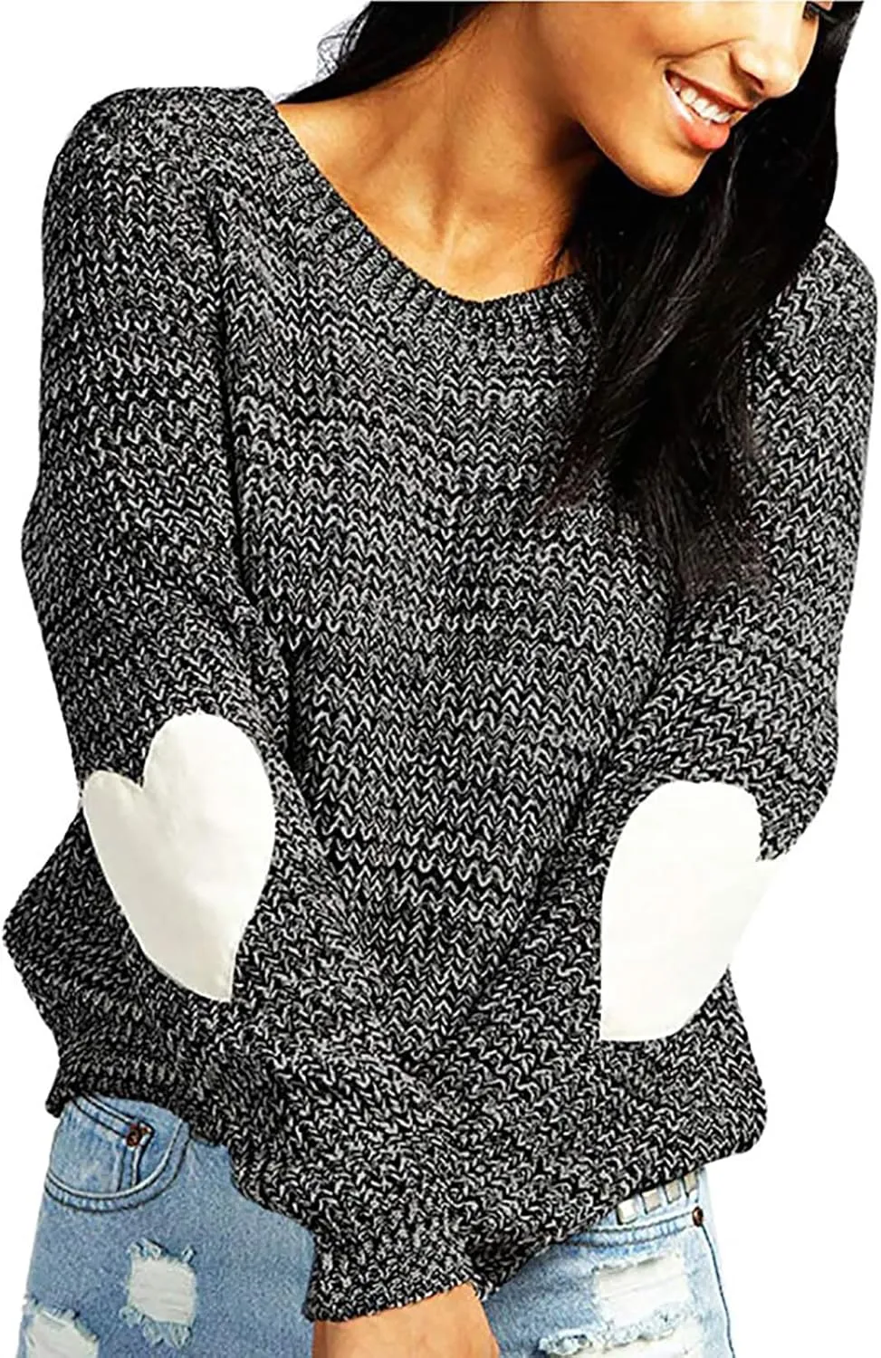 shermie Women's Cute Heart Pattern Elbow Patchwork Knitted Sweaters Long Sleeve Crew Neck Casual Pullover