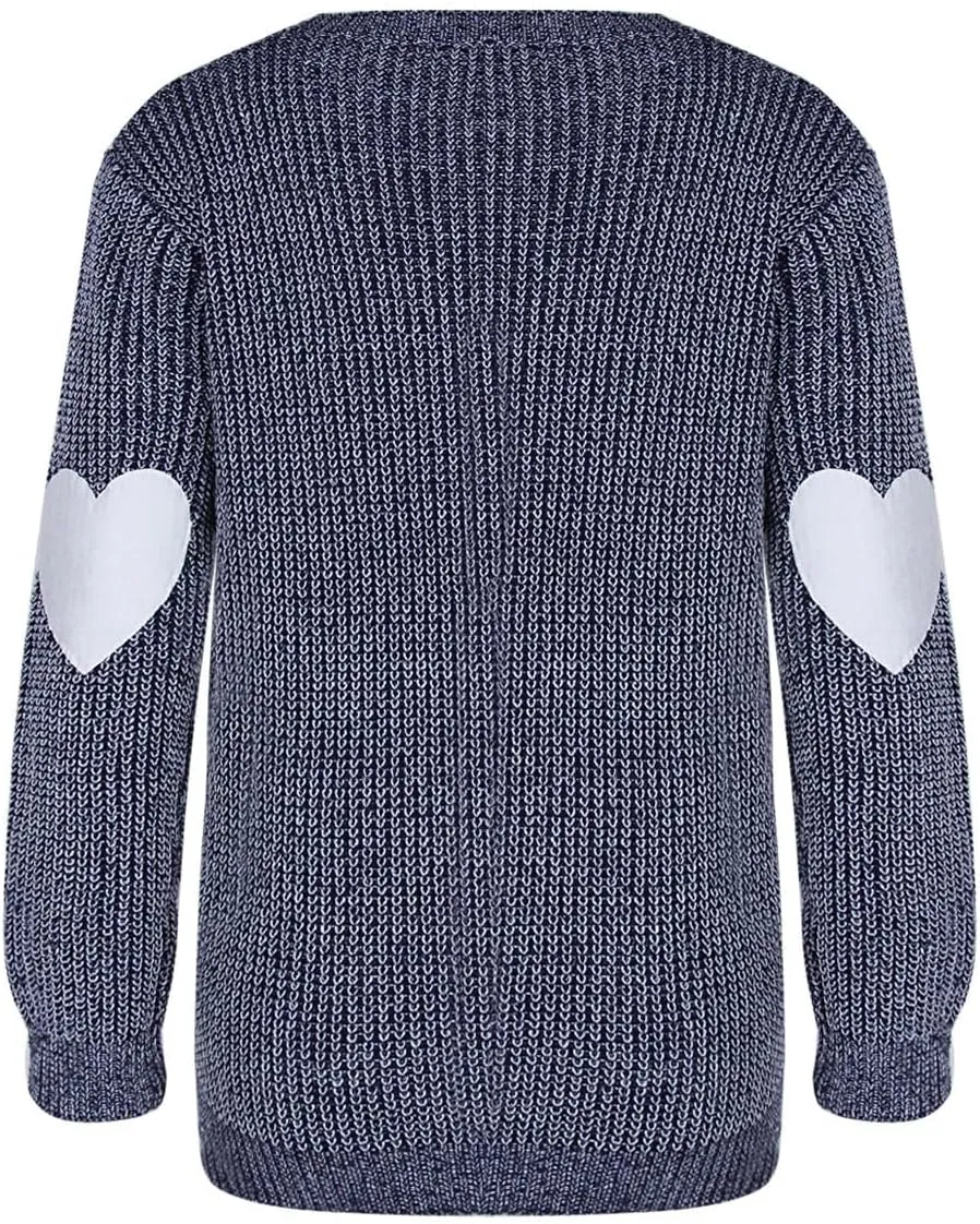 shermie Women's Cute Heart Pattern Elbow Patchwork Knitted Sweaters Long Sleeve Crew Neck Casual Pullover
